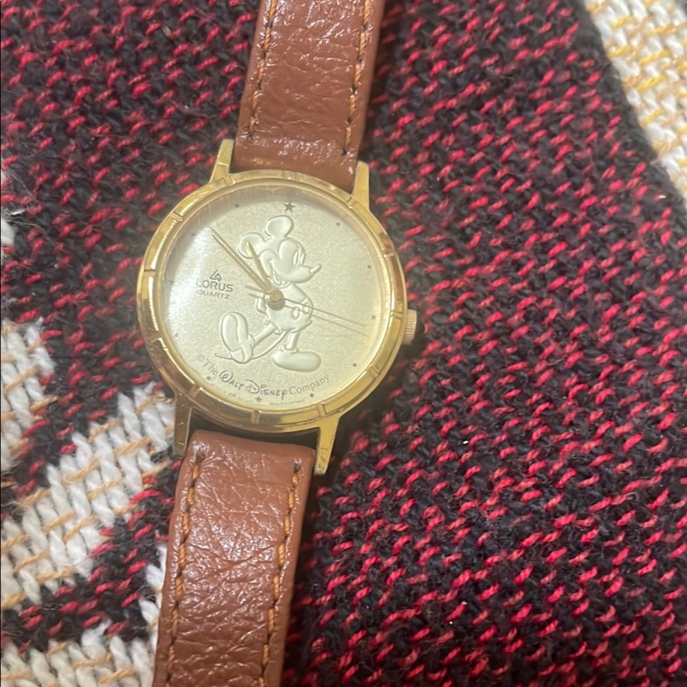 Lorus Mickey Mouse Gold Watch with Brown Leather Strap